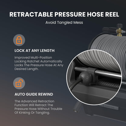 Giraffe Tools Grandfalls Pressure Washer Plus+, Electric Wall Mount Power Washer with 100FT Ultra-Soft Pressure Hoses, 2900PSI, 2.2GPM, 4 Nozzles, Foam Cannon for Cars/Patios, Dark Silver