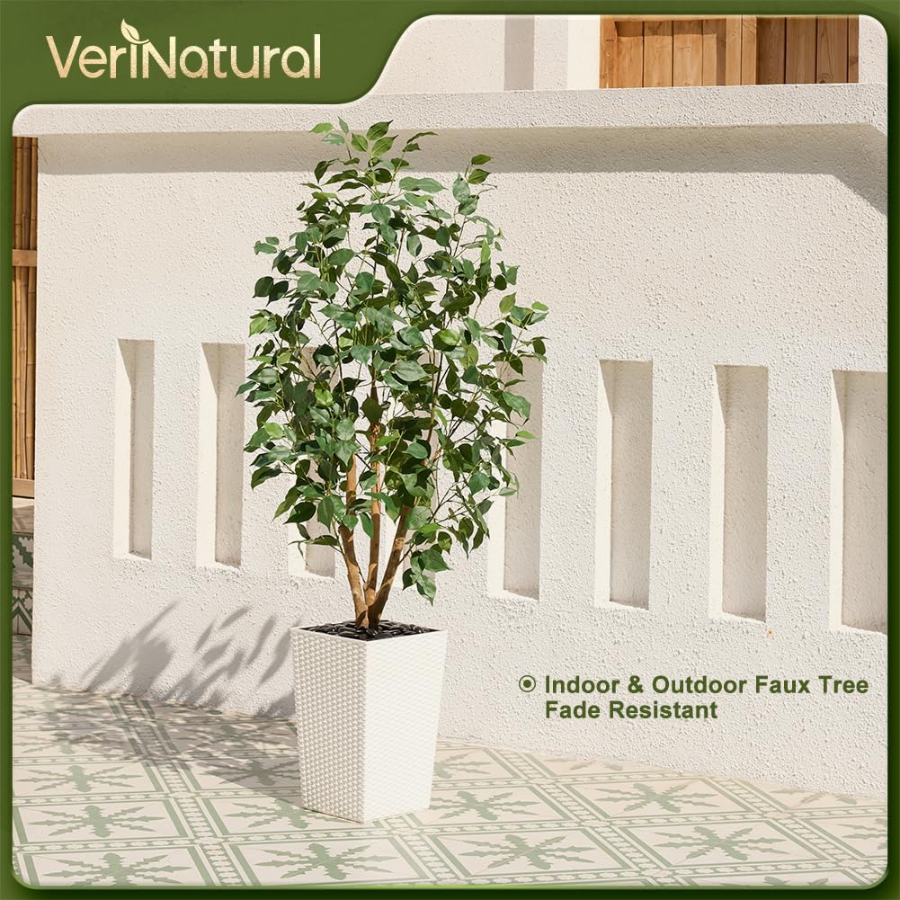 VeriNatural 5ft Artificial Ficus Tree,Tall Faux Tree with Pebbles & Planter UV Resistant Potted Fake Plant with Silk Leaves & Real Wood Trunk,Indoor Outdoor Floor Plant for Home,Living Room,VN129