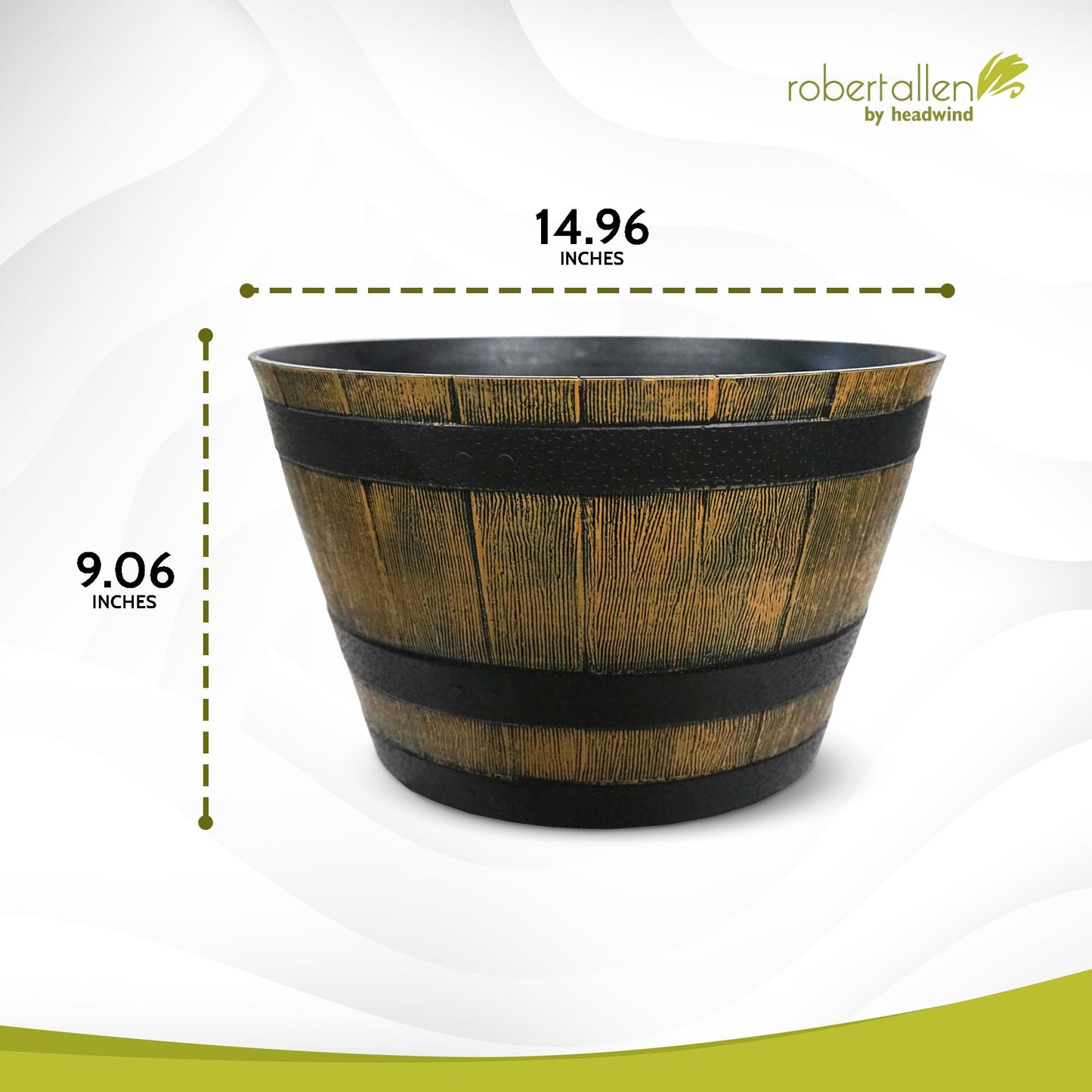 Headwind Whiskey Barrel Planter – 15 Inch New Wood Barrel Planters for Outdoor Plants – Weather-Resistant Flower Pot with Wooden Finish – Decorative Indoor & Outdoor Garden Planter by Robert Allen