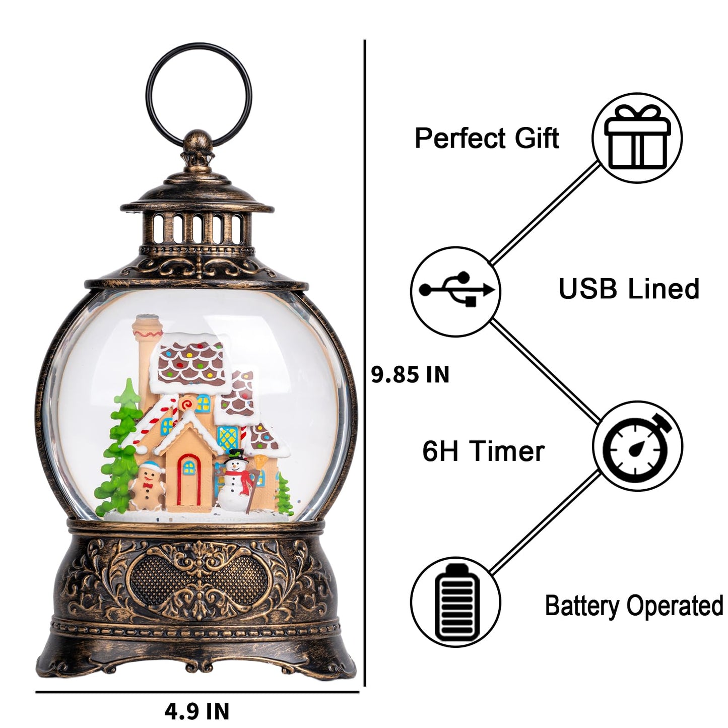 Christmas Snow Globe Lighted Gingerbread House Scene, Musical Snow Water Lantern Swirling Glittering Home Decoration and Gift, Battery Operated or USB Powered
