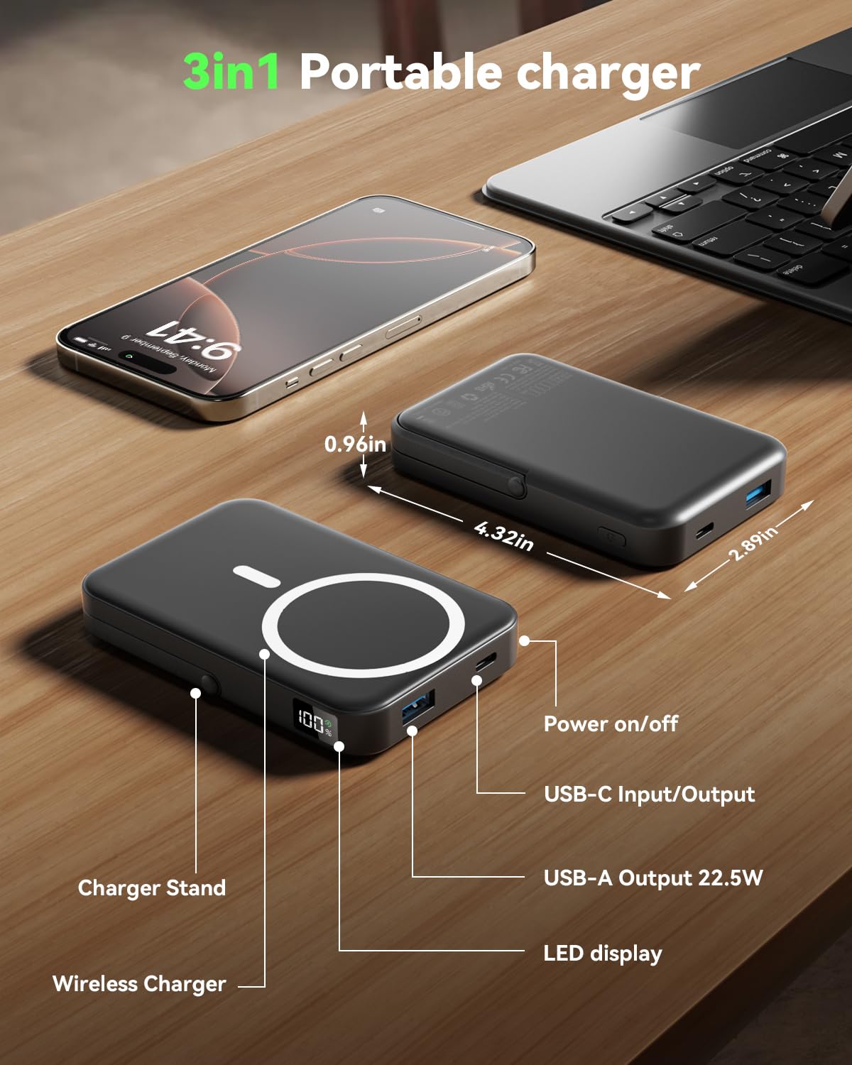 for Magsafe Battery Pack 10000mAh Power Bank with Foldable Stand Portable Charger,PD 22.5W Fast Charge,Travel Essential Wireless Charger for iPhone 17/16/15/14/13/12 Series–Black