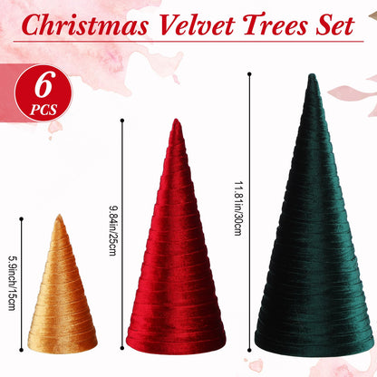 Hoolerry 6 Pcs Christmas Velvet Trees with Gold Pedestal Christmas Velvet Cones Tree Mantel Decor Modern Rustic Winter Home Minimalist for Holiday Entryway Table Wedding Centerpiece(Xmas)