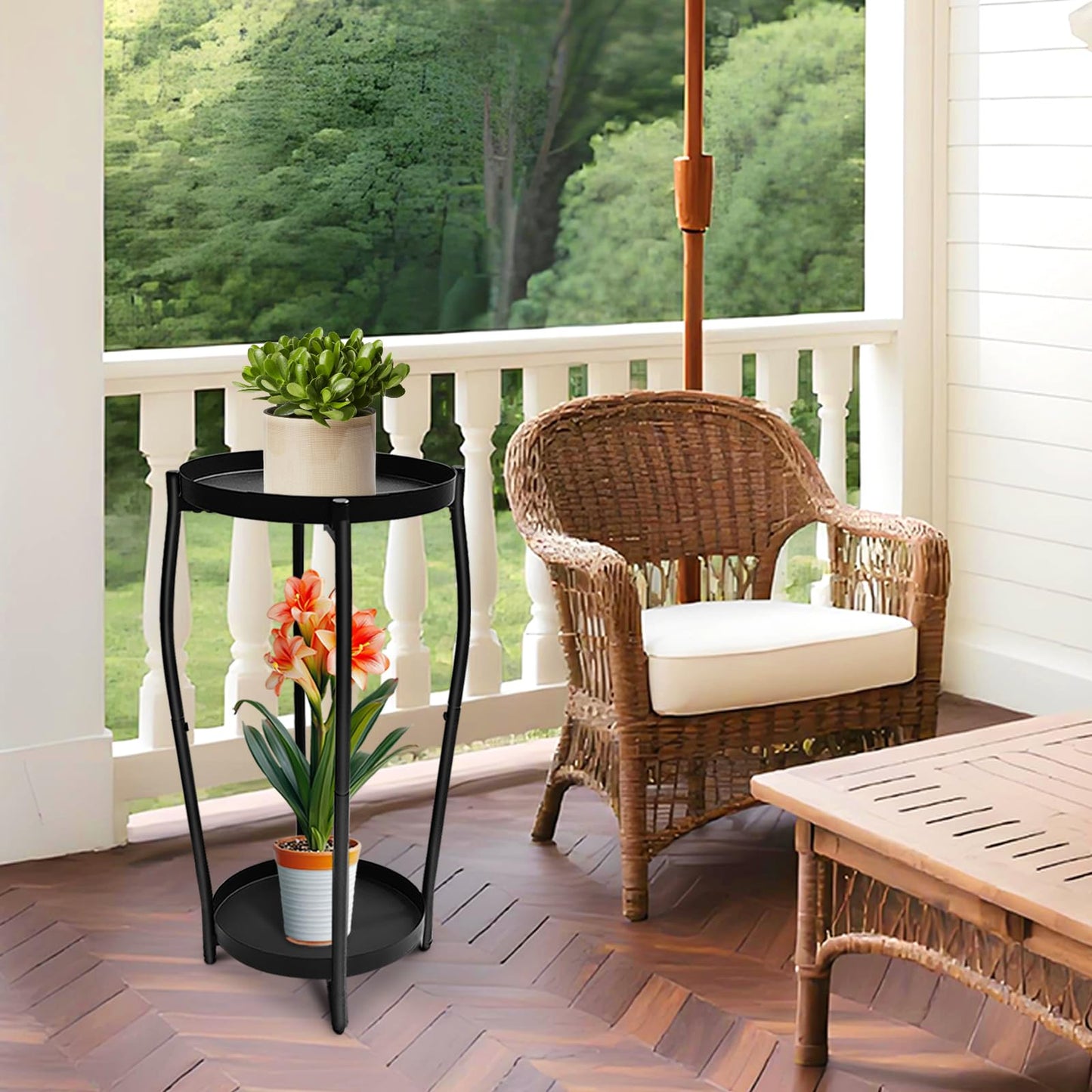 Uniqcovosa Plant Stand Indoor, 2 Tier Tall Wood Plant Stand, 4-Leg Floor Corner Plant Stands, Heavy Duty Plant Shelf Plant Rack Flower Stands For Home Decor (B - Black)