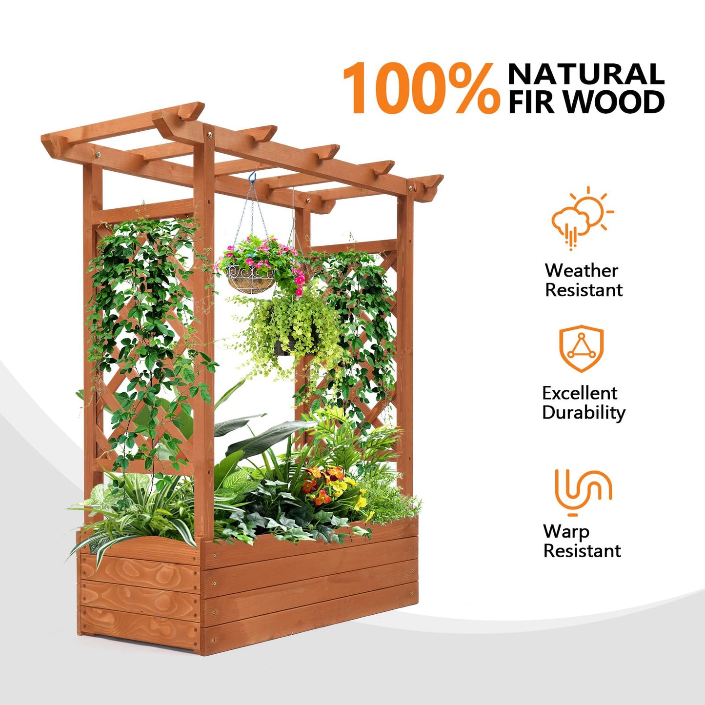 VINGLI 45 in Raised Garden Bed with Trellis & Hanging Roof, Wooden Elevated Planter Box with Drainage Holes for Outdoor Climbing Plants Vegetables Flowers, Patio Yard Balcony