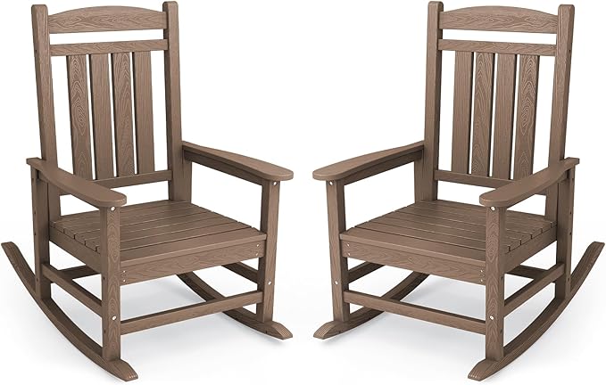 KINGYES HDPE Outdoor Rocking Chair Set of 2, Widened Seat Patio Rocking Chair, Oversized All Weather Patio Rocker, Brown