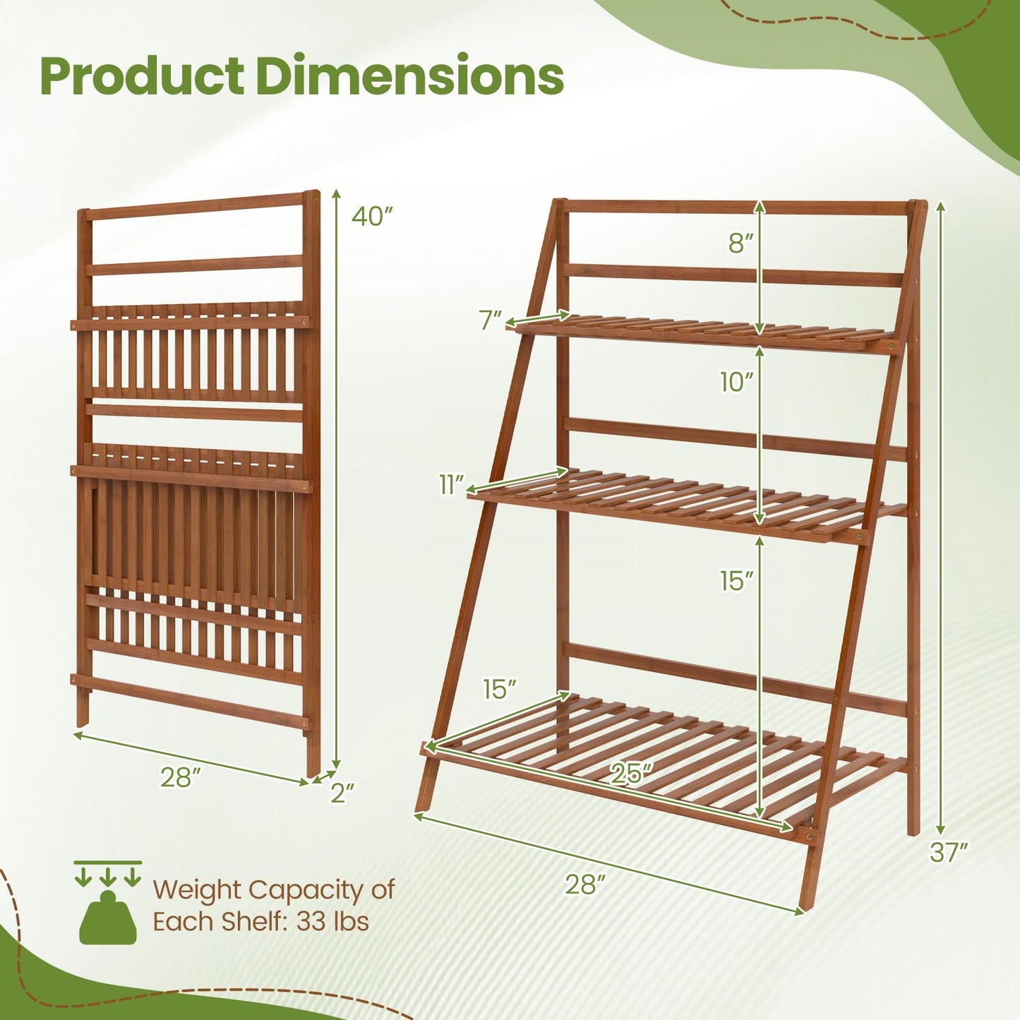 DREAMADE Plant Stand, 3 Tier Bamboo Ladder Plant Stand with Foldable Design, Anti-falling Crossbar, Freestanding Plant Shelf for Indoor Outdoor, Living Room Balcony Patio Garden