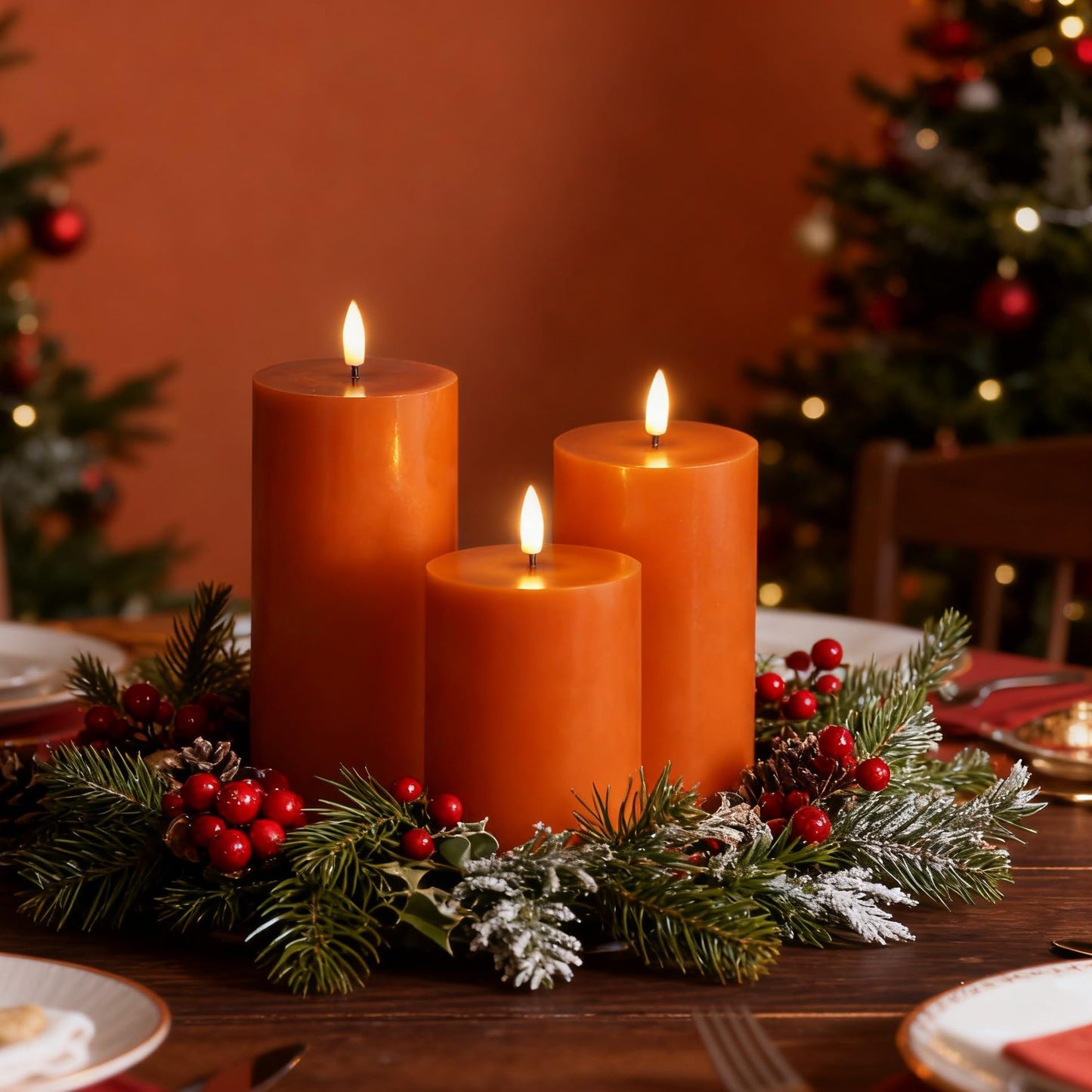 Girimax Burnt Orange Flameless Pillar Candles with Remote, Christmas LED Wax Candles Holiday Table Centerpieces Set of 3