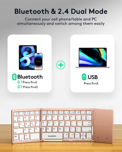 Samsers Foldable Bluetooth Keyboard with Touchpad - Portable Wireless Keyboard with Holder, Rechargeable Full Size Ultra Slim Pocket Folding Keyboards for Android Windows iOS Tablet & Laptop - Black