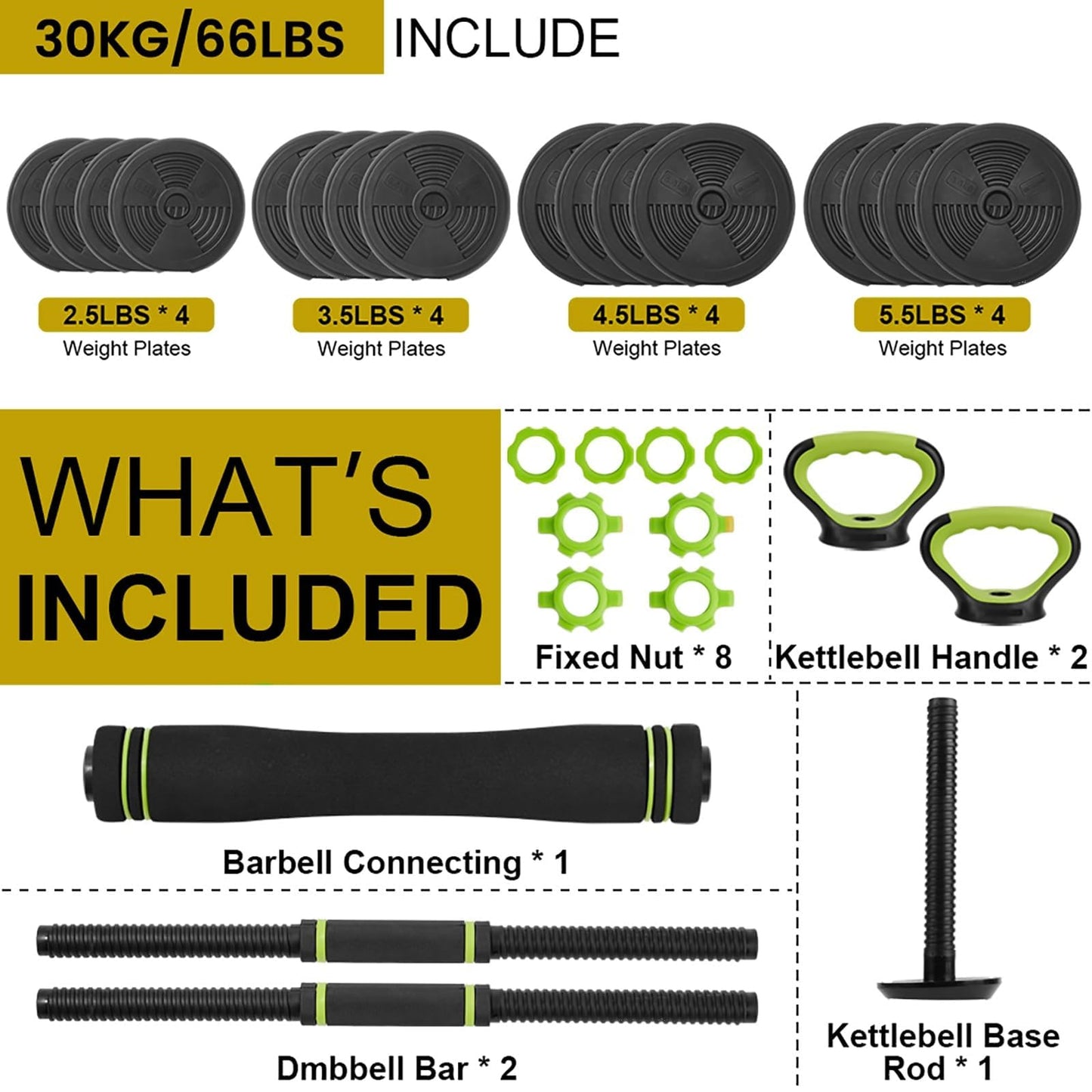 66Lbs Adjustable Dumbbell Set for Home Gym, 4-in-1 Free Weights Set with Connector, Used As Push Up Stand, Adjustable Barbell, Kettlebells for Women & Men, Non-Slip Grip, Space-Saving