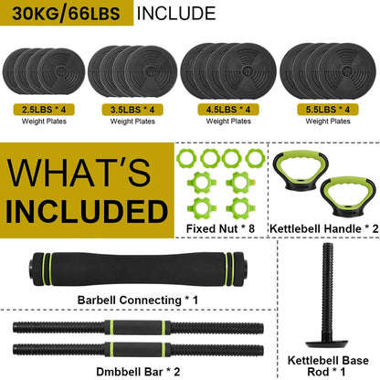 4-in-1 Adjustable Dumbbell Set, 66 Lbs Free Weights Set with Connector, Fitness Exercise Equipment Used As Kettlebells, Barbell, Push Up Stand, Weights Set for Home Gym Suitable Women/Men