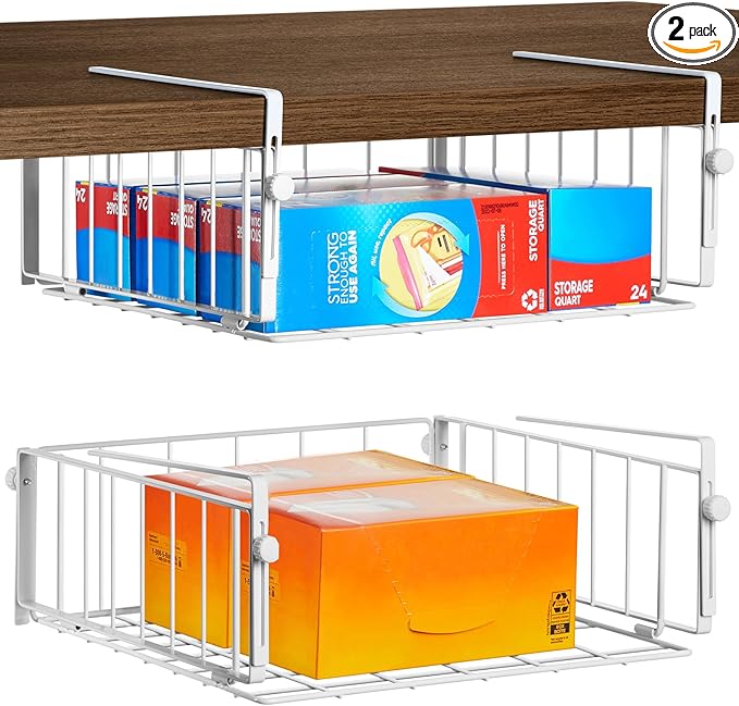 2 Pack Hanging Under Shelf Storage Basket, Adjustable Under Cabinet Add-on