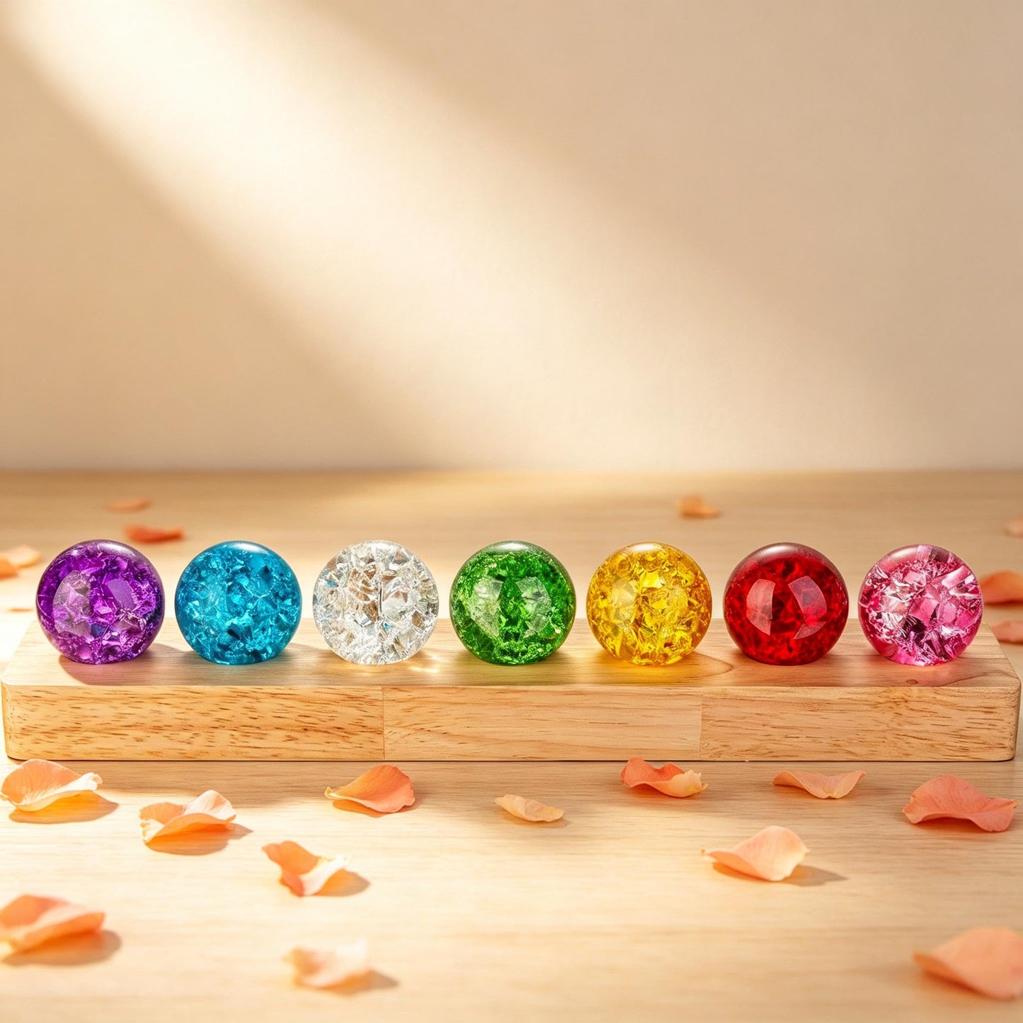 40mm 7 Colors Ice Cracked Glass Crystal Chakra Balls with LED Wooden Base