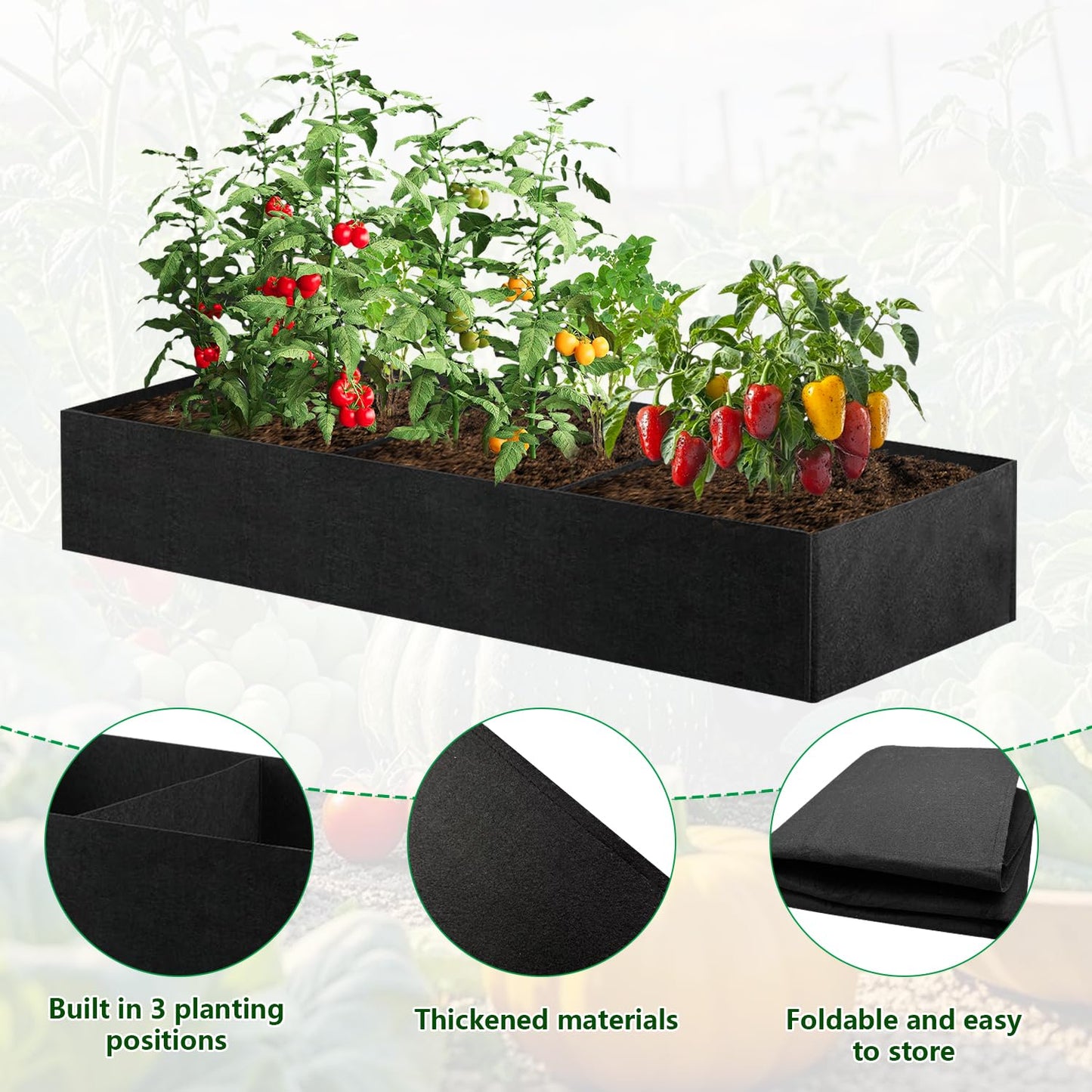 X-Kingsun 2Pack 4x2x1ft Fabric Raised Garden Bed 3 Grids Breathable Garden Growing Bags with Handle Square Planting Containers for Planting Herbs Flowers and Vegetables,57 Gallon