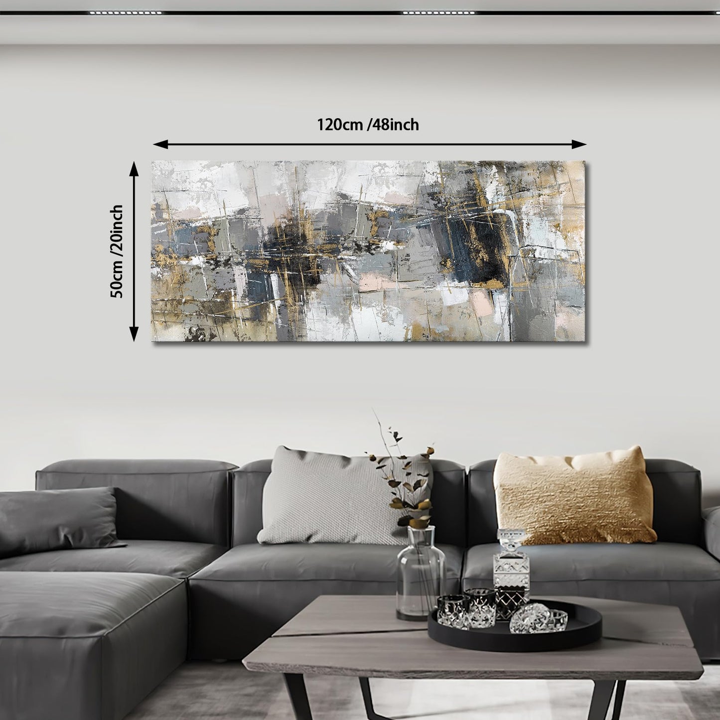FajerminArt Large Framed Canvas Wall Art Abstract Grey Painting on Canvas Printed Picture Poster Wall Art for Living Room Bedroom Wall Decor Ready To Hang 20" x 48"/ 120cm x 50cm