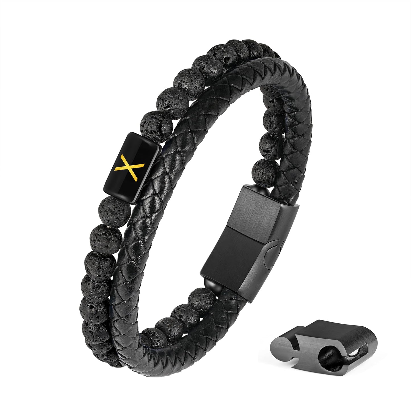 Bracelets for Men - Men Gifts Lava Rock Bead Magnetic Clasp Black Mens Leather Bracelet with Initial Black Mens Leather Bracelets Initial X Bracelet for Men's Jewelry Men's Gifts for Dad Husband Him