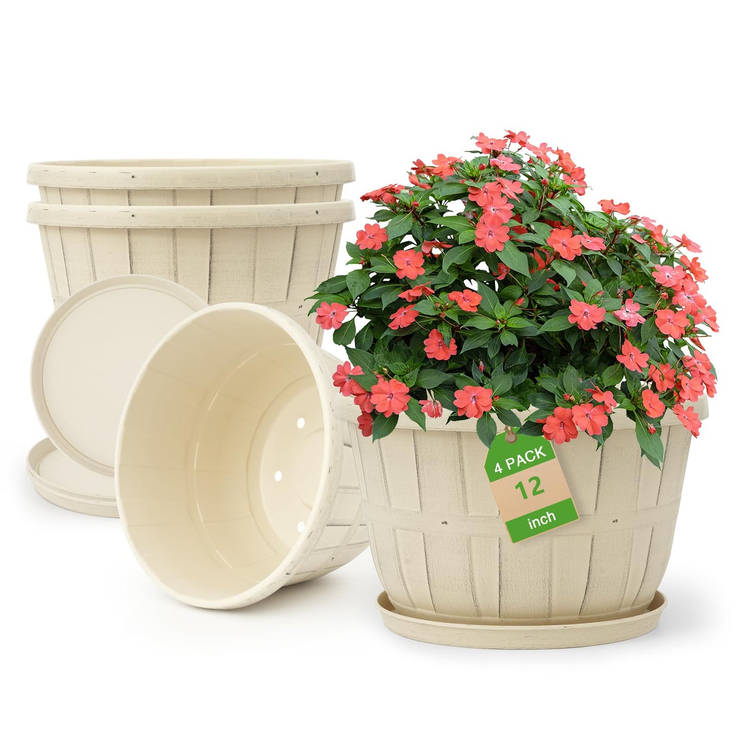 Quarut 12 Inch Large Planter Pot for Plants Indoor Outdoor, 4 Pack Plastic Flower Pots with Drainage Hole & Tray, Modern Decorative Garden Pot with Saucer, Plant Container for House（White）
