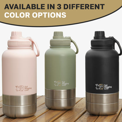 Tail Wagging Love 32oz 3-in-1 Portable Travel Water Bottle, Food & Hydration Bottle - Dual Use for Humans & Pets with Detachable Bowls, Stainless Steel, Keeps Water Hot for 6hrs & Cold for 12hrs