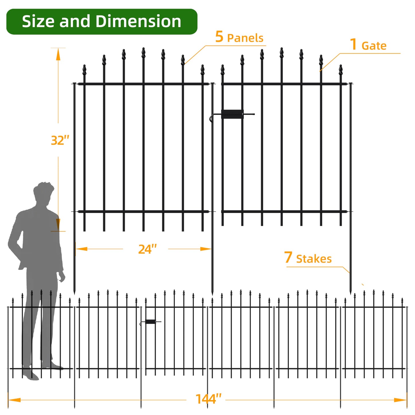 FOREHOGAR Metal Garden Fence with Gate 32 in H x 12 ft L, 1 Gate + 5 Panels Border Dog Fence Panels Animal Barrier, No Dig Garden Fencing for Yard Patio Flower Bed Lawn Outdoor, Arch Black