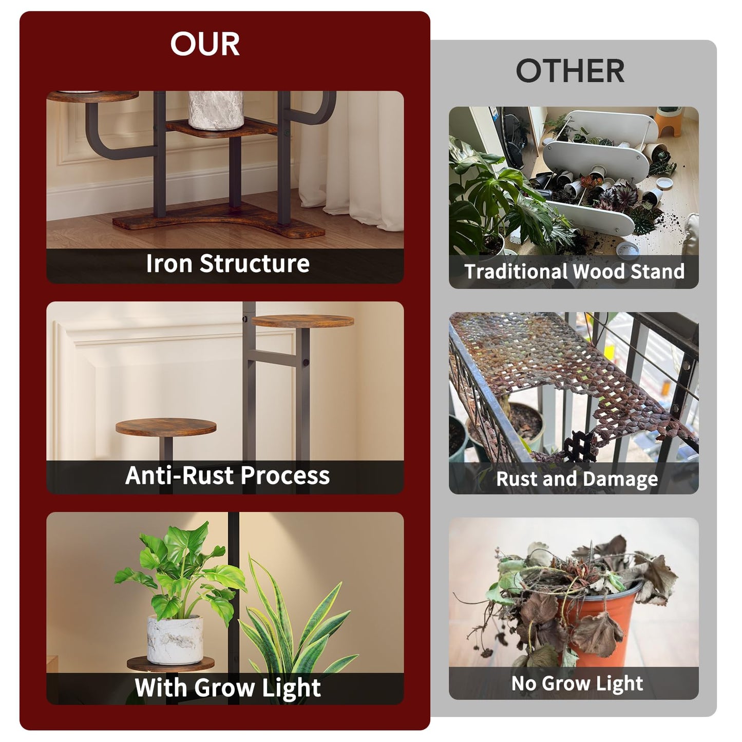 Homsorout Corner Plant Stand with Grow Light - 6 Tier Plant Stand Indoor Round Metal Plant Shelf with Adjustable Light, Plant Organizer for Living Room, Graden, Home Decor (Brown)