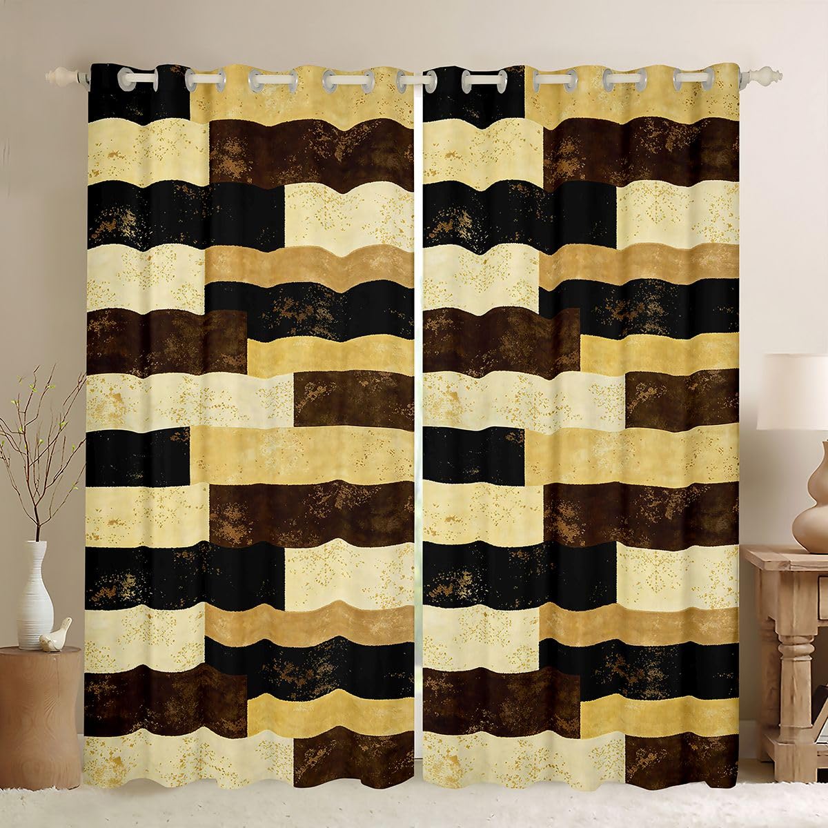 Erosebridal Golden Brown Geometric Blackout Curtains Abstract Color Blocking Window Curtains 52" Wx84 L Kids Adults Rustic Lattice Window Treatments Drapes for Room Stylish Patchwork Artwork 2 Panels