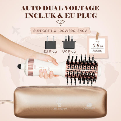 110-240V Travel Brush Hair Dryer, Small Hair Straightener Brush with European Plug Adapter for International Travel, 4 in 1 Hot Air Styler & Dryer for Drying Straightening Curling Volumizing