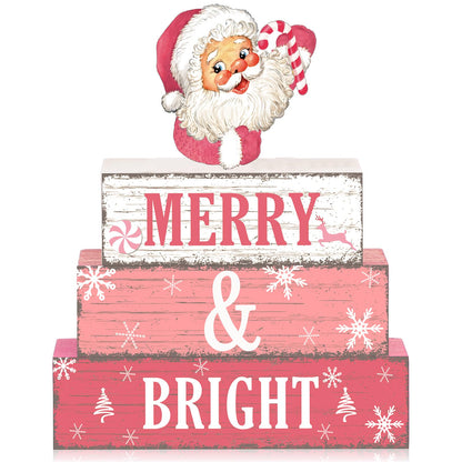 Geelin 4 Pcs Christmas Wooden Tabletop Decor Pink Winter Santa Tiered Tray Decor Christmas Centerpiece Rustic Decorative Block Signs Gift Farmhouse Table Decoration for Home Kitchen