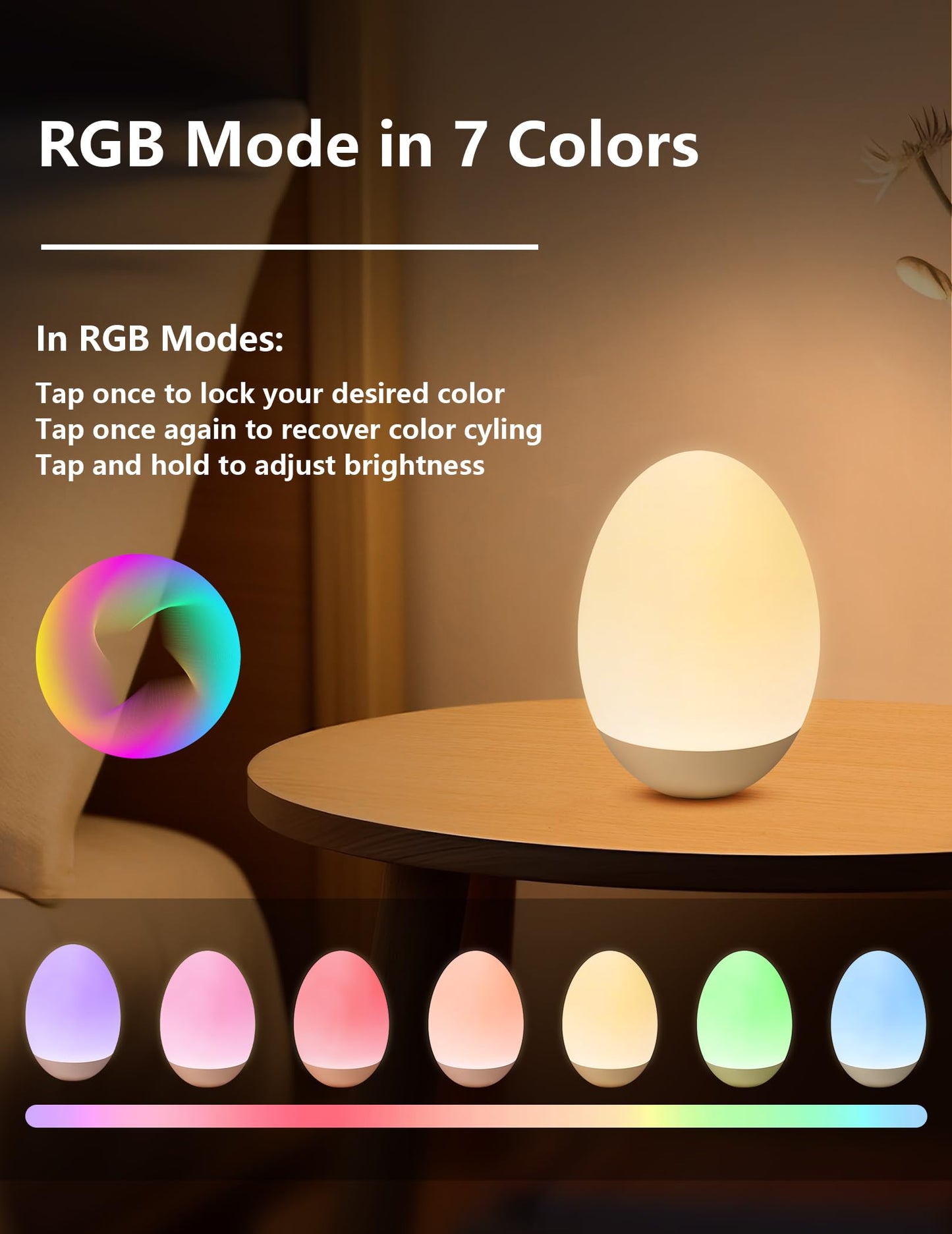 NICKLUC Egg Night Light for Nursery: Baby Night Lights Tap Lamp Stepless Dimming with Warm White and 7 RGB Colors Rechargeable Portable for Infant and Kids Bedroom Breastfeeding Sleep Aid