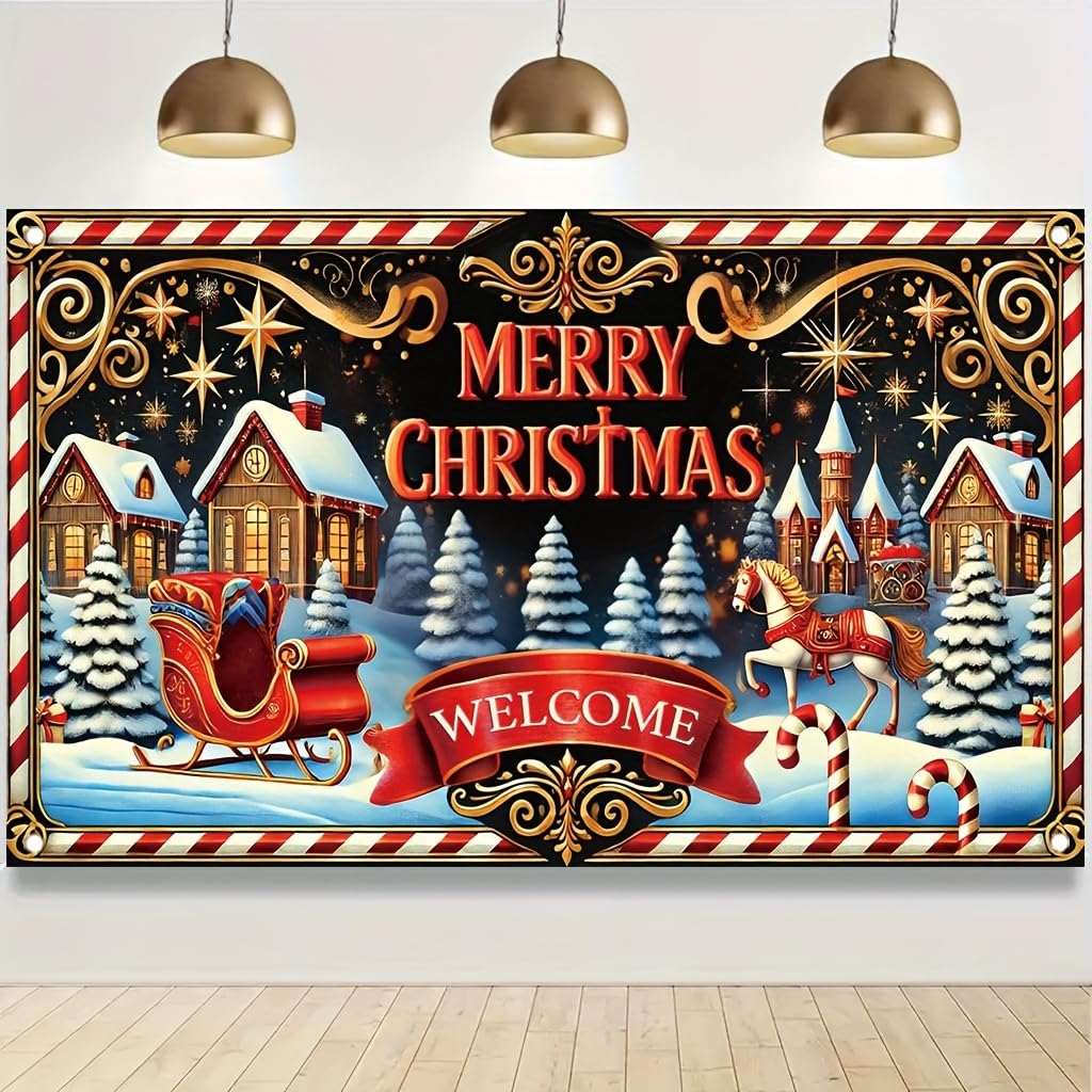 Tomhong Merry Christmas Welcome Sign 71x43inch Large Outdoor Yard Banner forWinter Holiday Party Porch Decoration Festive Xmas Scene with Sleigh Horse Candy Cane andSnowy Village