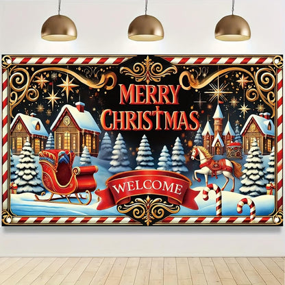 Tomhong Merry Christmas Welcome Sign 71x43inch Large Outdoor Yard Banner forWinter Holiday Party Porch Decoration Festive Xmas Scene with Sleigh Horse Candy Cane andSnowy Village