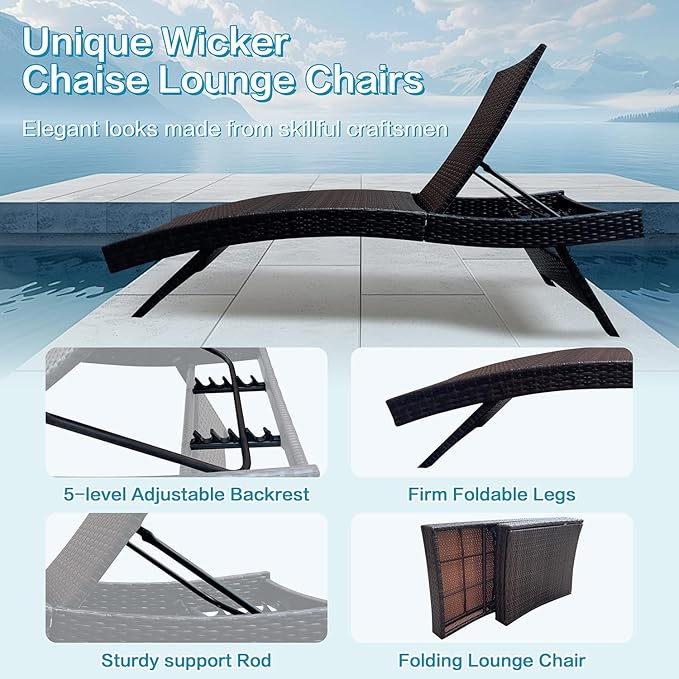 Set of Foldable Long Reclining Patio Seating Chairs, 2 Folding Chairs Patio