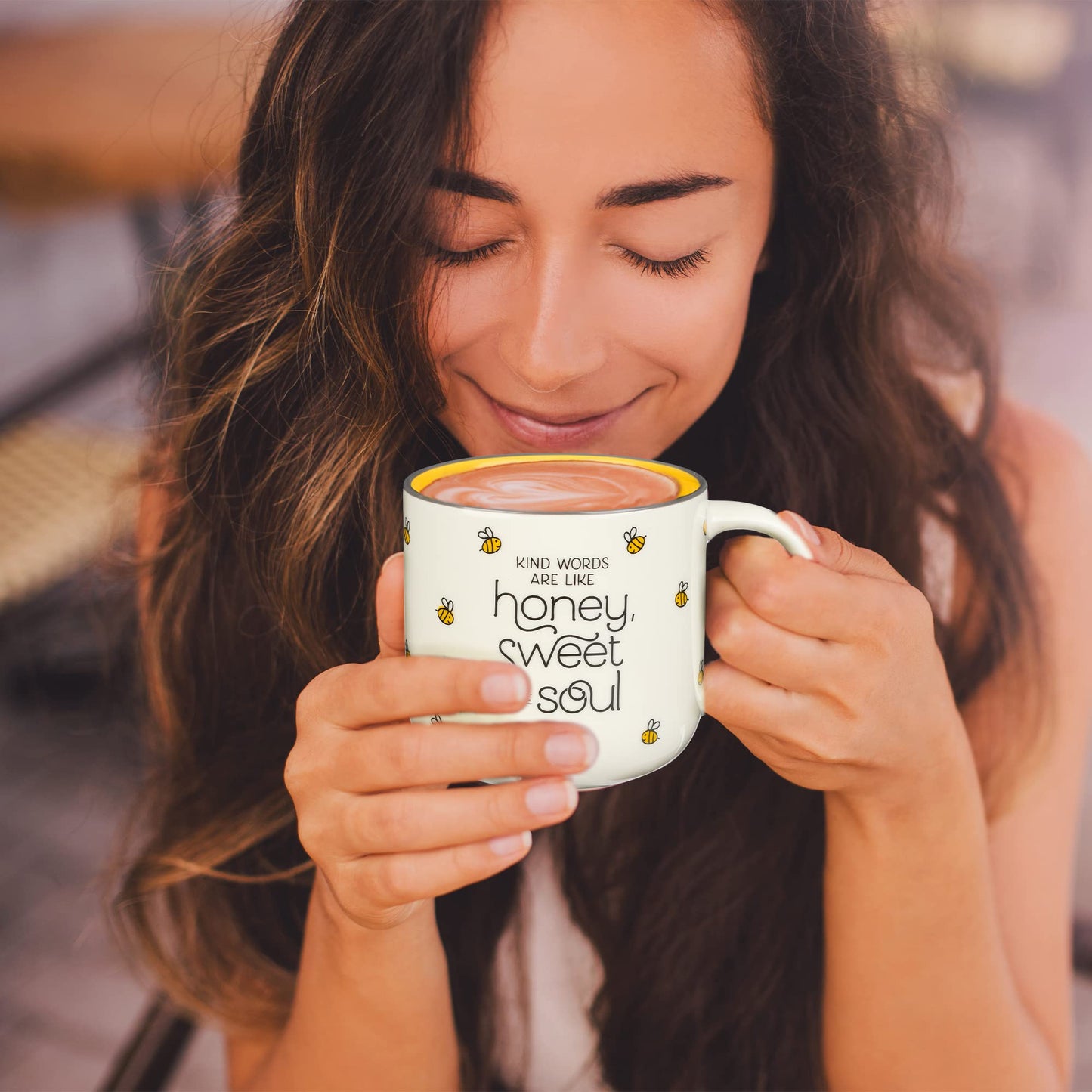Christian Art Gifts Large Ceramic Coffee & Tea Mug for Women: Kind Words are Like Honey Inspirational Bible Verse, Non-toxic/Lead-free, Microwave/Dishwasher Safe Bumble Bee Cup, Yellow/White, 15 oz.