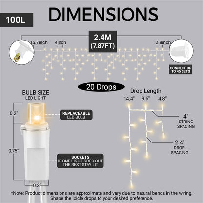 LAMPHOME Warm White Christmas Icicle Lights, 6.2Ft 20 Drops 100LED Connectable Waterproof Lights for Xmas, Thanksgiving Day, Party, Patio, Courtyard, Window, Fence Decor