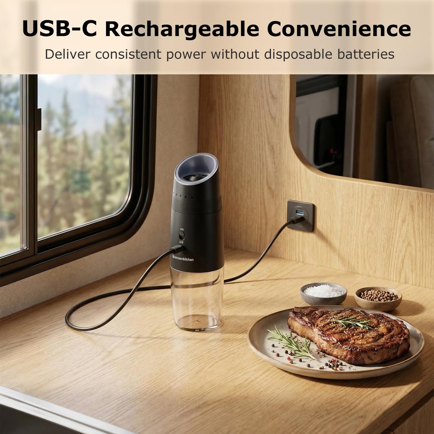 Bonsenkitchen Gravity Electric Salt and Pepper Grinder Set,Type-C Rechargeable Automatic Grinder With 6-Level Coarseness Adjustment, LED Light, 135ML Large Capacity for Kitchen, BBQ & Camping