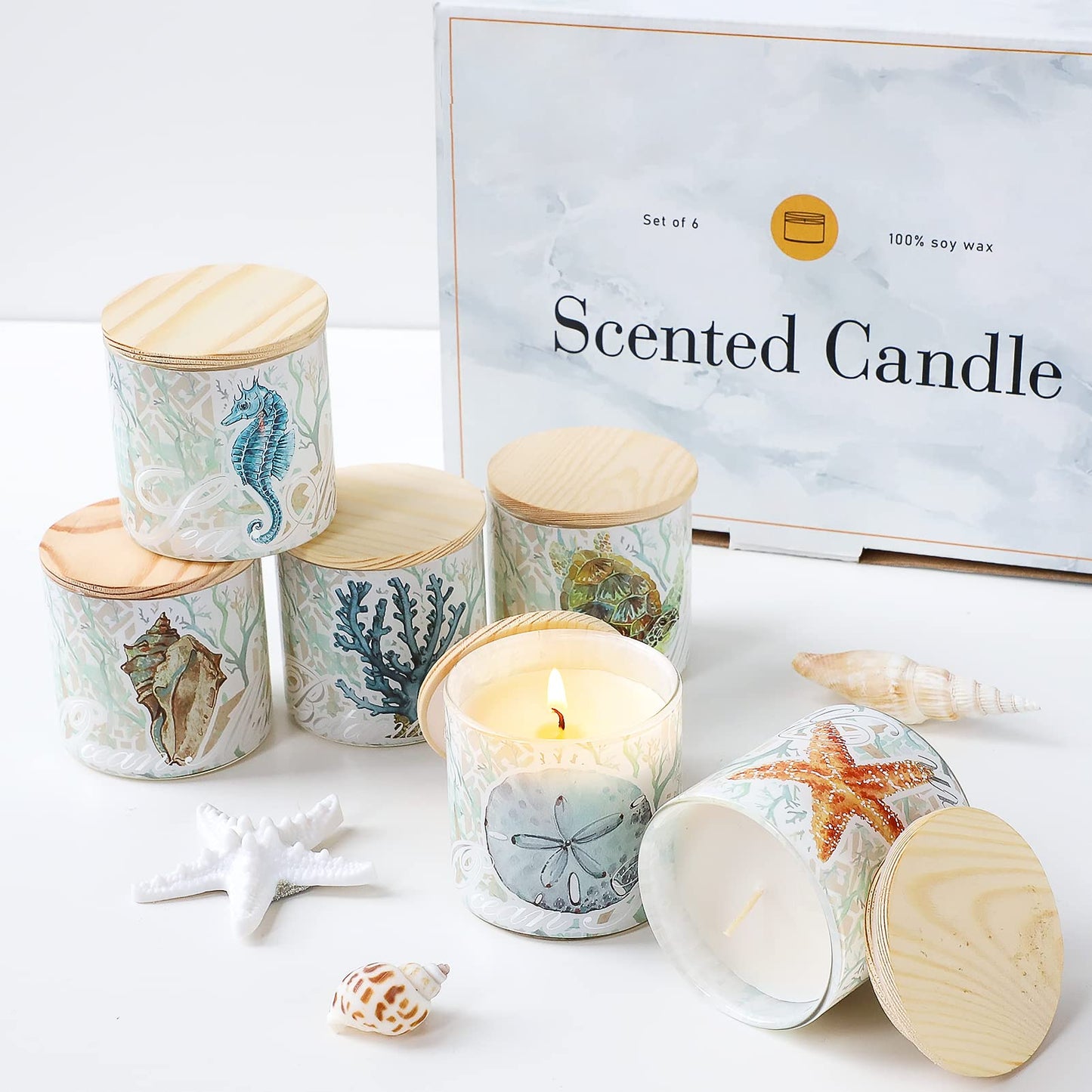 Jar Candles Scented with Lid Gift Set of 6 Ocean Theme Glass Jar Different Fragrance Soy Wax Aromatherapy Candles Take Harsh Smells Away Candle for Home Scented Stress Relief Relaxation