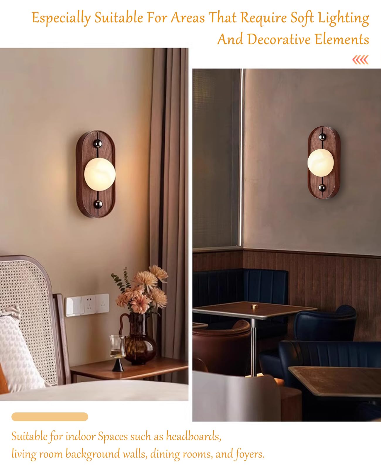 ALABABATA Natural Marble Wall Sconce, 10.5" High Alabaster Wall Sconces with White Stone Lampshade and Wood Grain Metal Base, Mid Century Modern Wall Lights Fixture for Bedroom Living Room Hallway