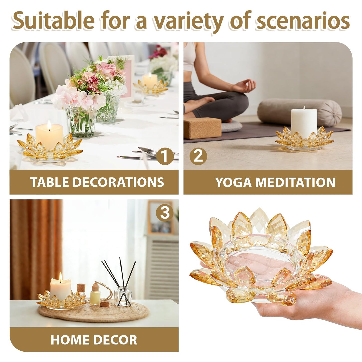 Large Crystal Lotus Tealight Candle Holder for Up to 6" Diameter Pillar Candle Plate Candlestick,Chunky Glass Votive Stand for Wedding, Party, Table Centerpiece Decor and Yoga Meditation (2, Gold)