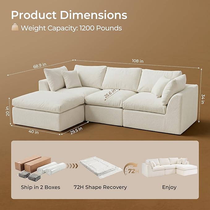 Amsleekey 108" Cloud Sectional Couches,