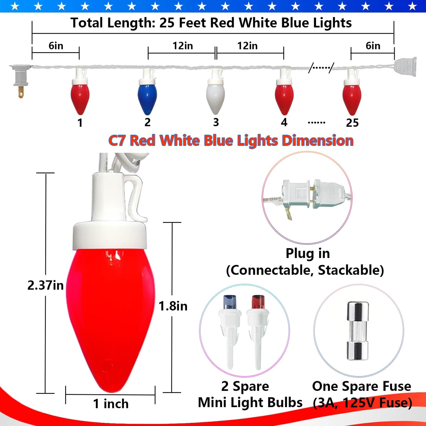Fonusty Red White and Blue Lights 25Ft C7 LED Christmas Light with 25 Shatterproof 4th of July Decorations String Lights, Plug in Patriotic Light for Outdoor Indoor July 4th Party Decor