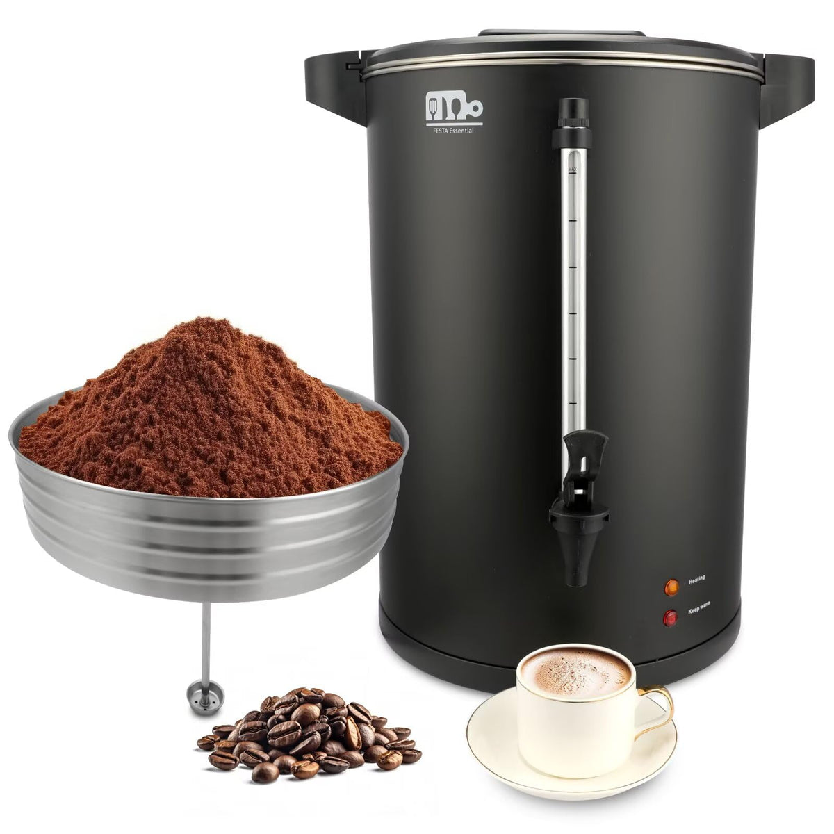 115-Cup 20L Commercial Coffee Urn, Festa Essential 1500W Double Wall Large Percolate Coffee Maker Stainless Steel Hot Water Urn Dispenser with Double Dripless Faucet, Quick-Brewing for Catering, Black