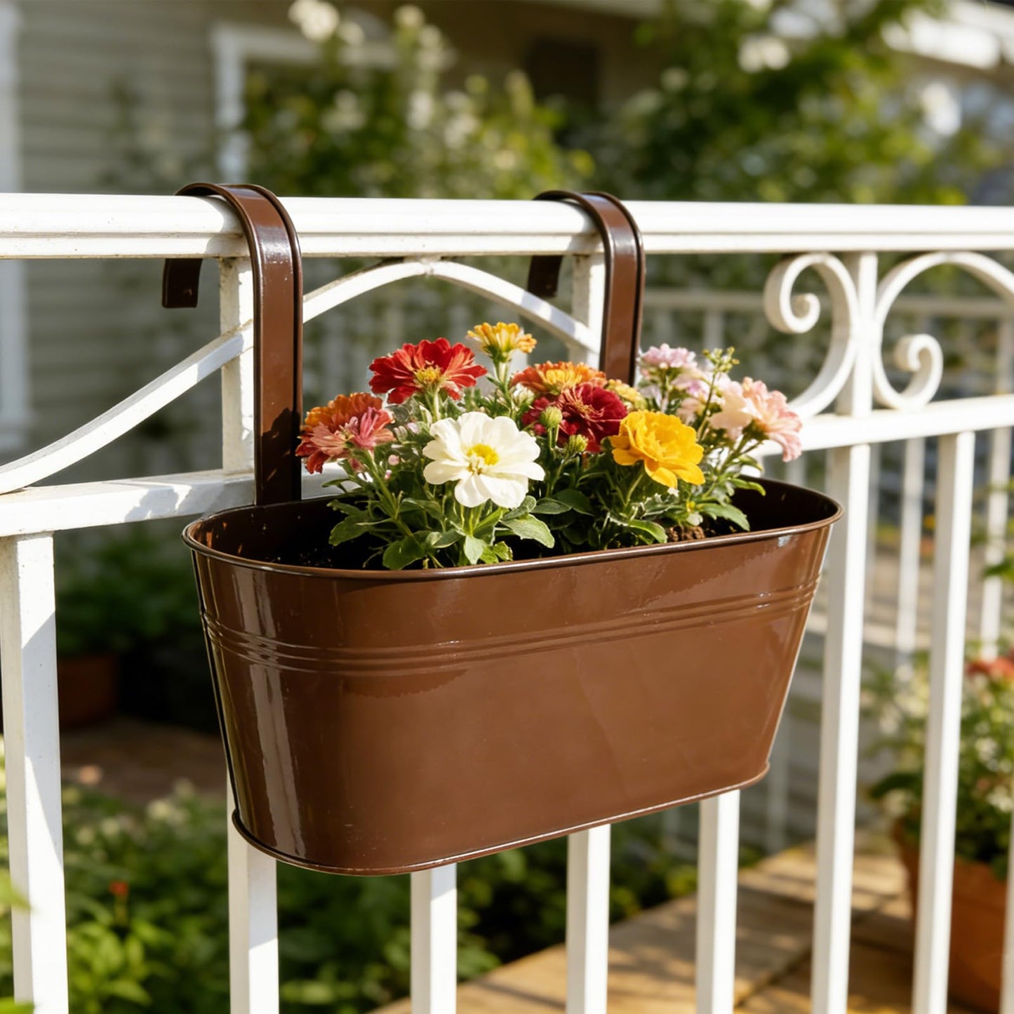 Joyfernal Set of 6 Balcony Hanging Planters, 2 Pcs 17" Metal Railing Flower Pots & 2 Pcs 12" Deck Planter & 2 Pcs 4" Fence Pot for Outdoor Patio Garden Décor, Chocolate