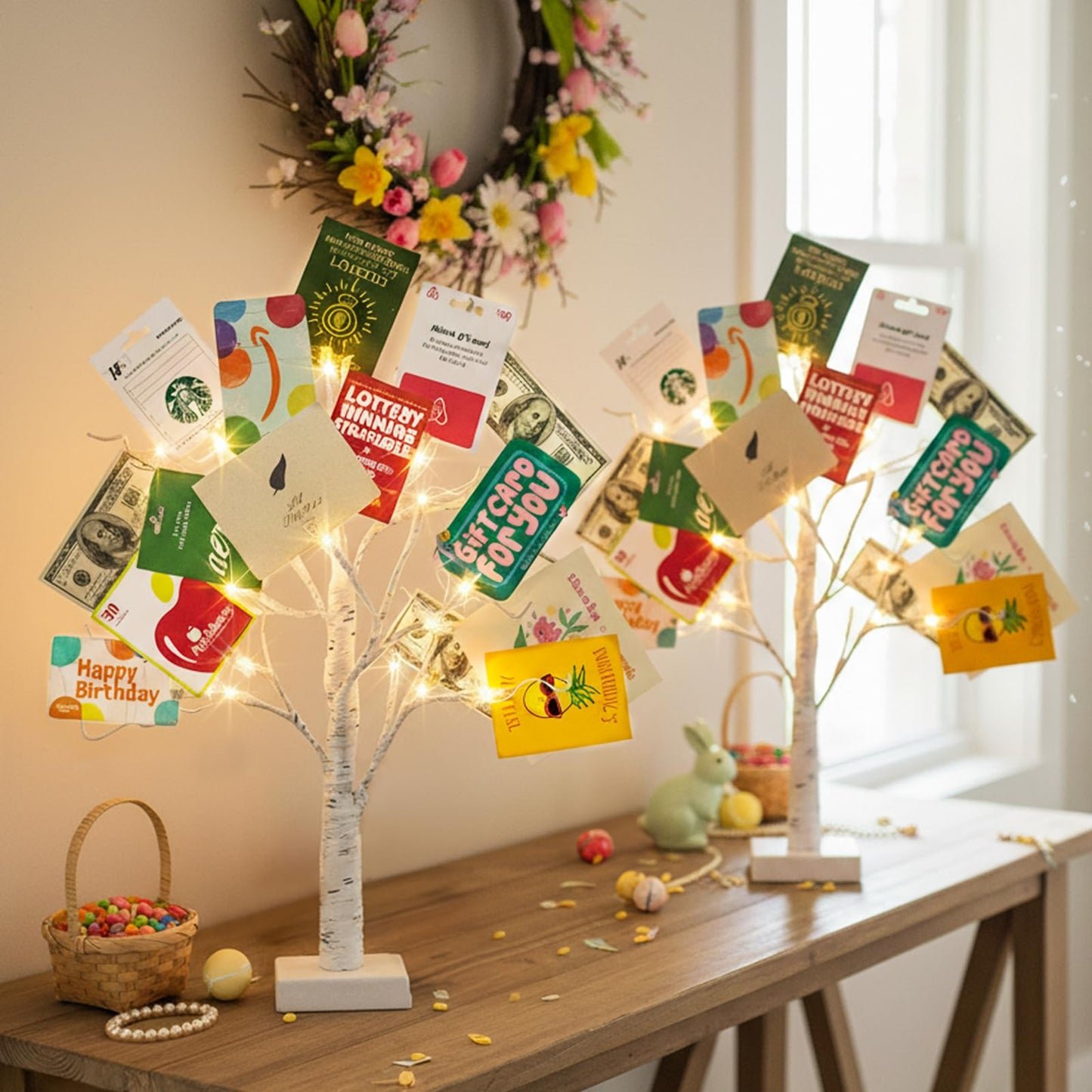 EAMBRITE Money Tree Gift Holder, Gift Card Tree 2FT 24LED, Lighted Birch Trees Battery/USB Powered Timer Photo Display with 24 Clips and 12 Cards for Home Graduation Christmas Picture Memo 2 Pack