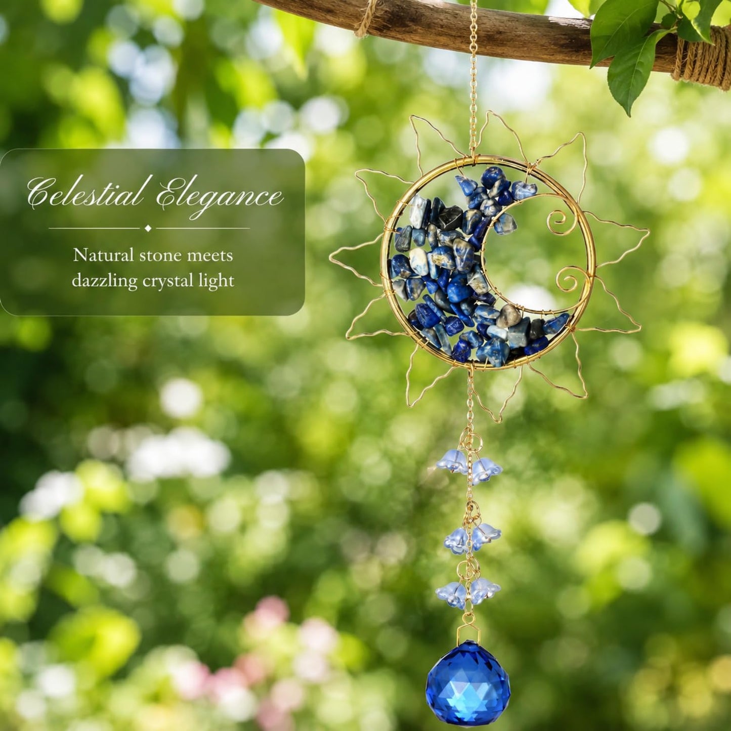 Hanging Sunlight Catcher, Sun & Moon Crystal Suncatcher, Crystal Hanging Ornament, Hanging Crystals for Decoration, Festival Gift, Window Decoration (Blue)