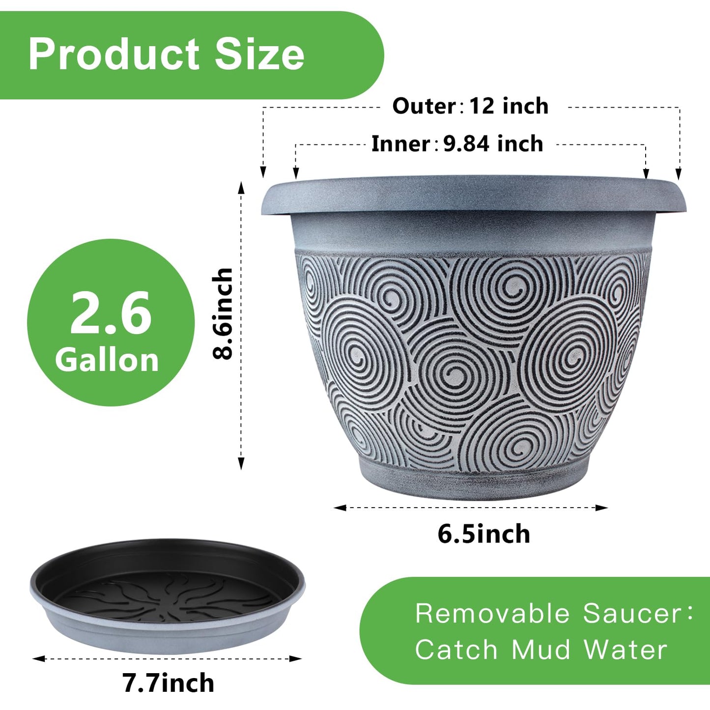 Fodetyff 12 Inch Large Planter Pot for Plants Indoor Outdoor, 4 Pack Plastic Flower Pots with Drainage Hole & Tray, Modern Decorative Garden Pot with Saucer, Plant Container for House