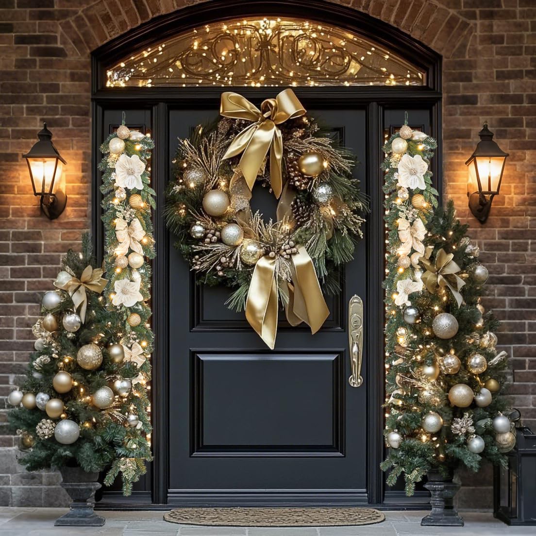 6ft White and Gold Christmas Garland with 25 LED Lights with Timer, prelit champgn Gold Garland with Magnolia and Plenty Ornament,Festive Lighted Decor for Front Door, Mantel, Stair & Fireplace