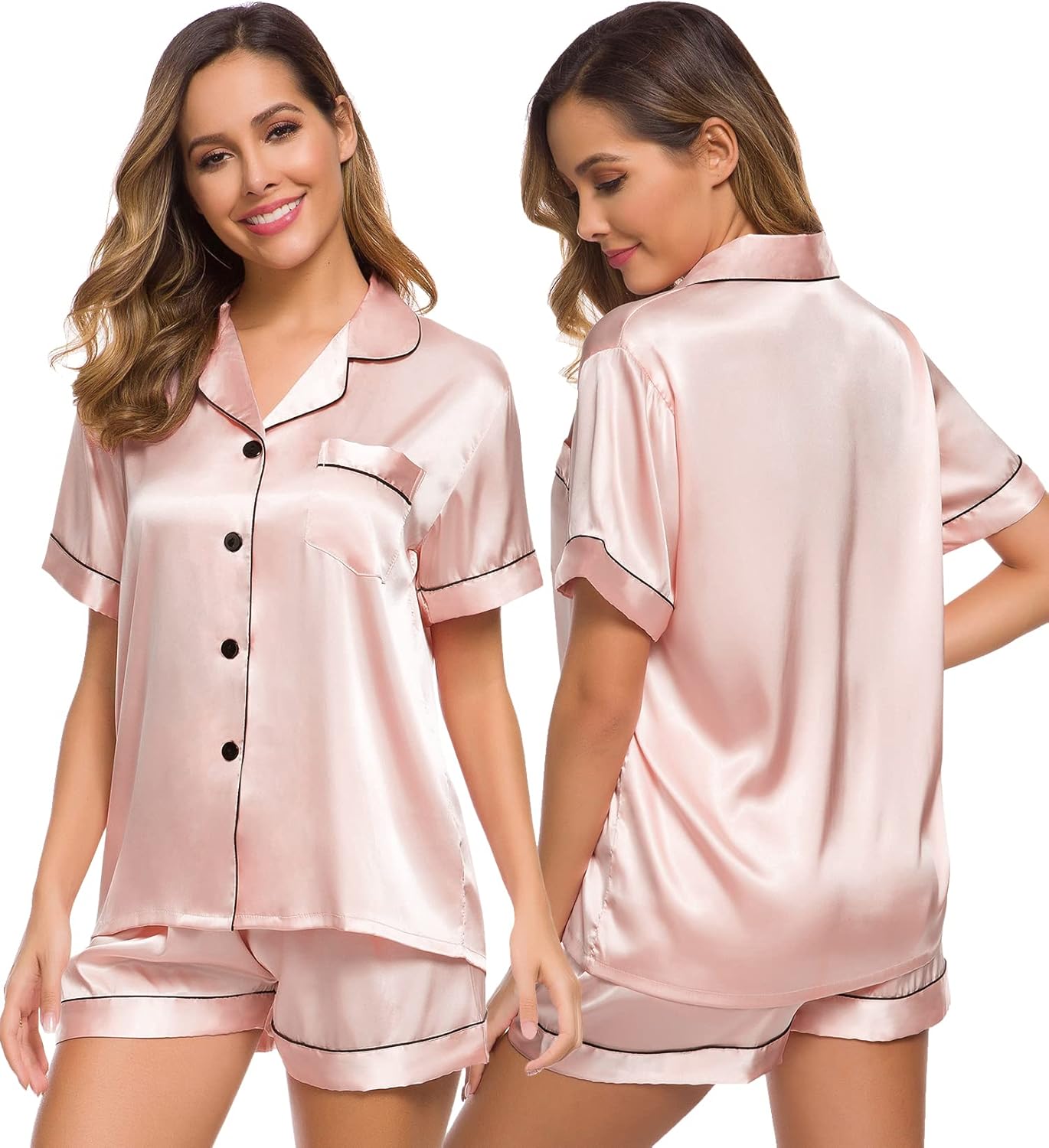 SWOMOG Womens Silk Satin Pajamas Set Short Sleeve Sleepwear Button Down Top and Shorts Loungewear 2 Piece Pjs Set XS-3XL