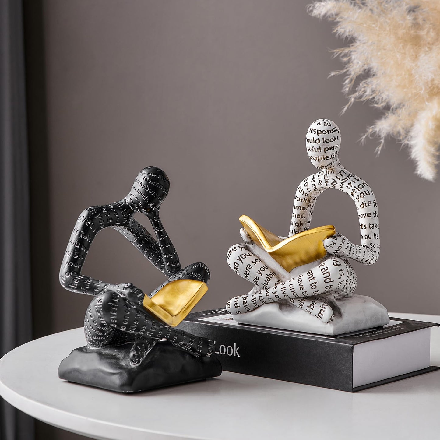 BANOMII Heavy Duty Book Ends for Shelves, Thinker Decorative Bookends for Heavy Books, Unique Book Stoppers to Hold Book, Bookshelf Accessories, Modern Home Office Decor Aesthetic Black & White