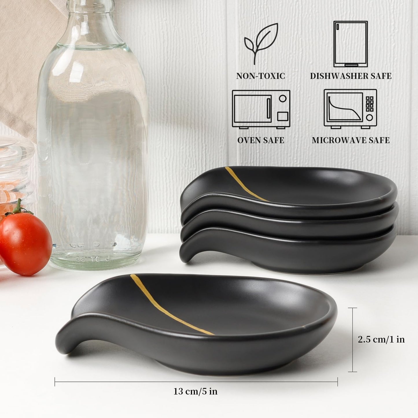 BosilunLife Black Ceramic Spoon Rest – Kintsugi Style Spoon Holder for Stove Top and Kitchen Countertop, Dishwasher Safe (Black)