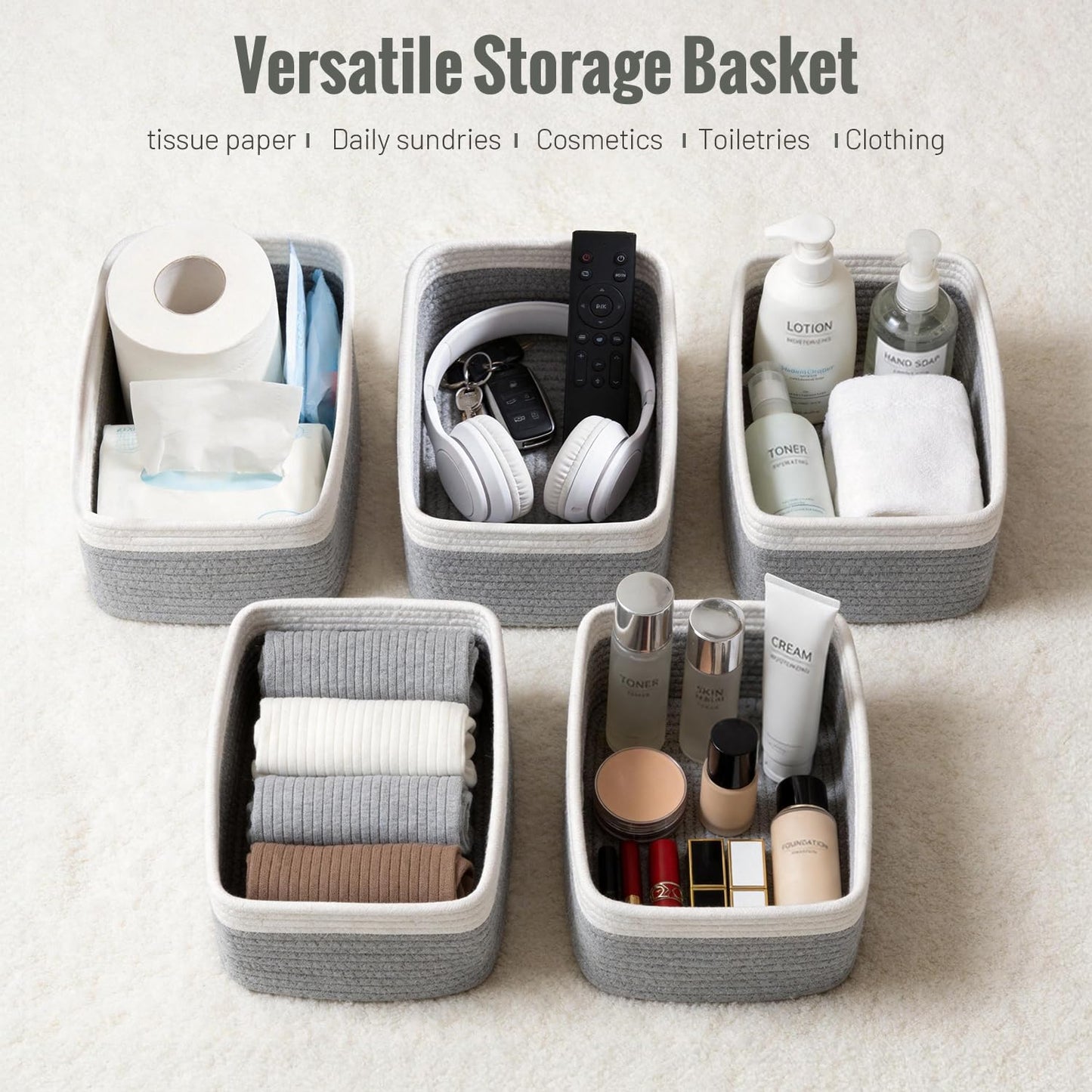 5 Pack Decorative Small Storage Baskets for Shelves, Cotton Rope Woven Basket for Organizing Bathroom, Nursery, Closet, Cabinet, Toys & Socks, Gift Baskets Empty, 11.8"x7.9"x4.7", Gray/White