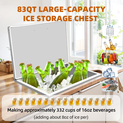 83QT Drop in Ice Chest, Stainless Steel Ice Cooler, Commercial Ice Bin with Cover, Outdoor Kitchen Ice Bar, Drain-Pipe and Drain Plug Included, for Cold Wine Beer