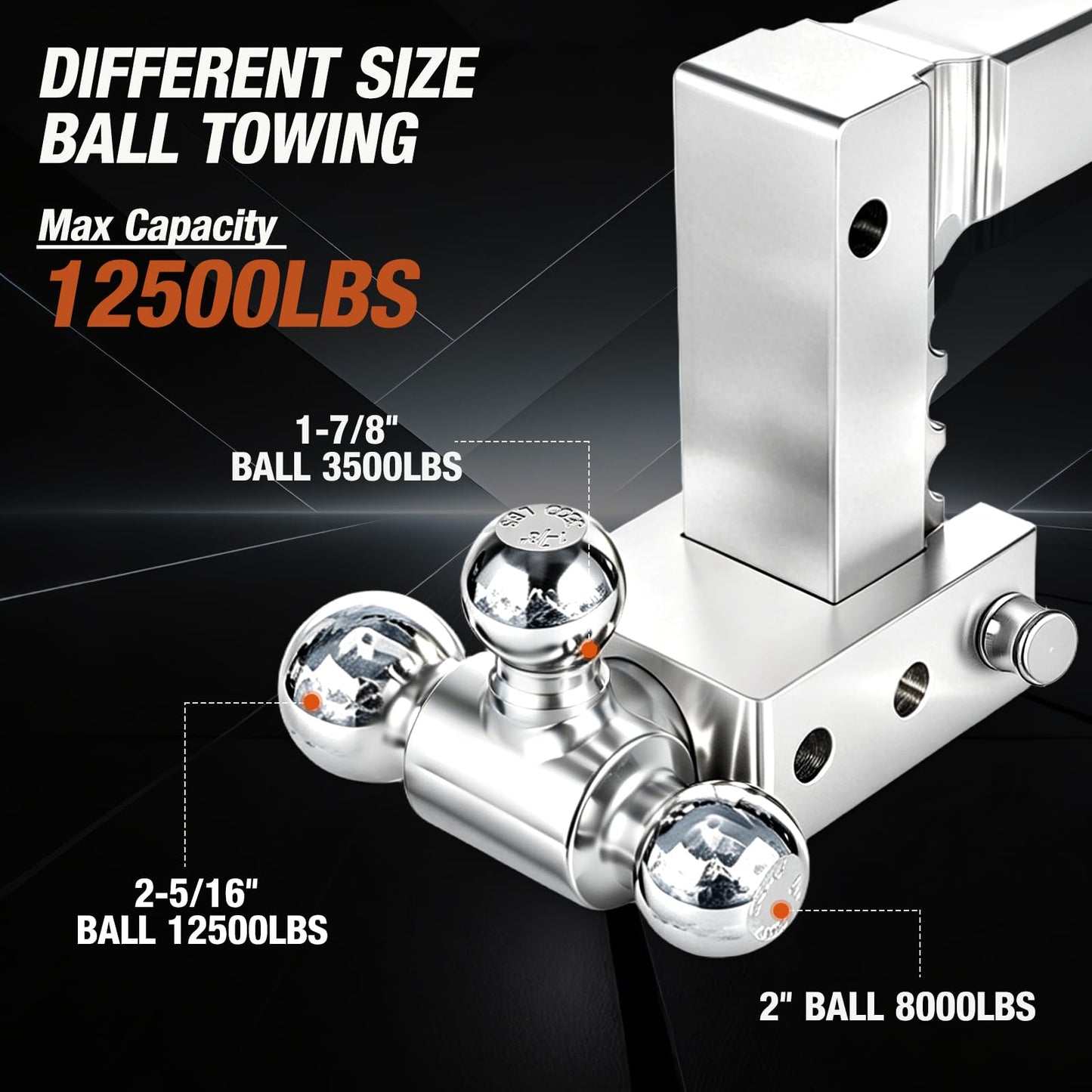 Adjustable Trailer Hitch Fits 2 Inch Receiver 12,500Lbs for Heavy Duty Truck RV with Tri-Ball (1-7/8", 2", 2-5/16") Stainless Steel 6-Inch Drop/Rise Aluminum Towing Ball Mounts (Silver)